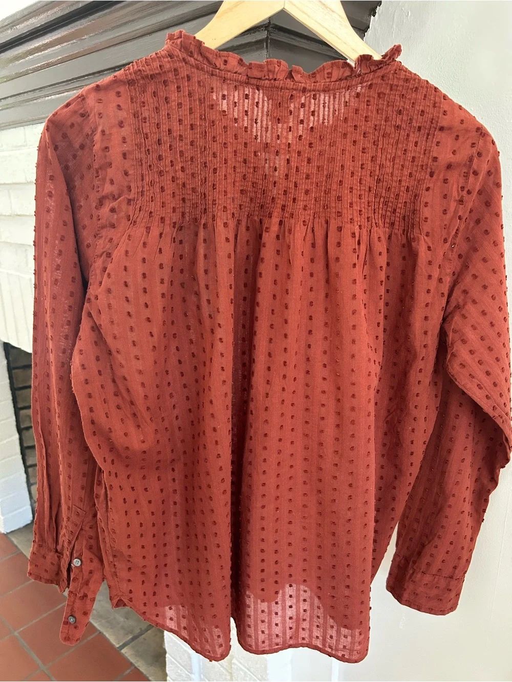 J. Crew Point Sur Swiss Dot Ruffle Collar Rust Long-Sleeve Top Size 10